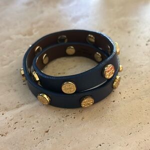 Tory Burch Leather Adjustable Leather Wrap Bracelet in Navy Blue. NEVER WORN!!